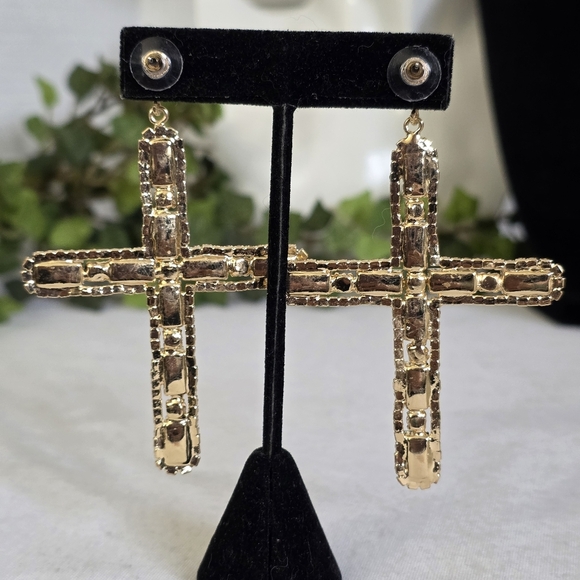 Statement Gold AB Cross Glam Earrings - Picture 9 of 11